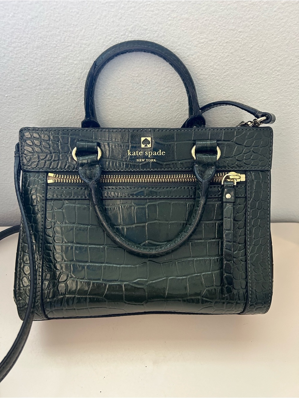Kate Spade NY Crocodile Embossed Leather Shoulder Satchel Handbag Dark Green